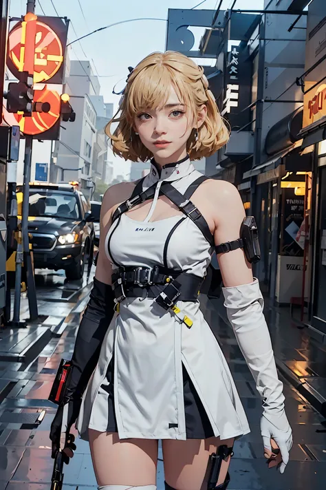 the alone young girl , short light blond hair , vermilion eyes , standing , shotgun , sci-fi city , high detail mature face, com...