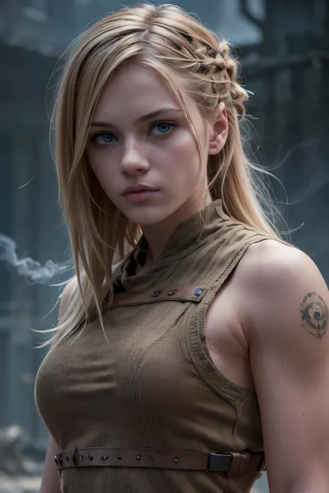 Create an image of a wounded soldier, with straight blonde hair and emo bangs, vibrant blue eyes and flawless white skin. She has a muscular body and was injured in combat. Despite the wound, she continues to fight with determination and courage. Use light...