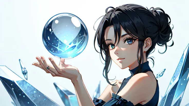 a woman in a blue dress holding a blue ice ball, black hair and single hair bun.