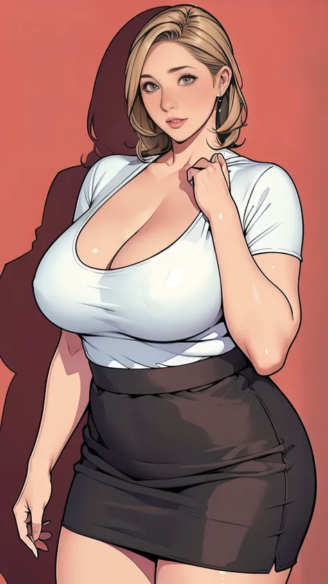 Seeing a mature and plump woman，Plus size，30 years old，Stand in front:1，Short blond，High，a little fat，blush，Short sleeve skirt:1，Showing cleavage，High quality work，4K resolution