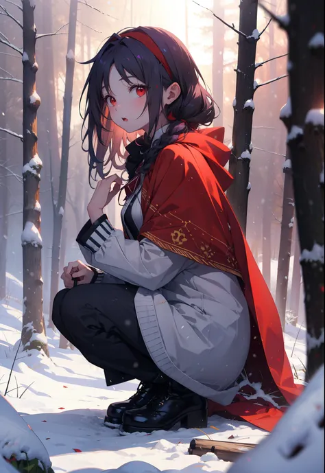 yuukikonno, Yuki Konno, hair band, Long Hair, Pointed Ears, Purple Hair, (Red eyes:1.5), (Small breasts:1.2), Open your mouth,snow, Bonfire , Outdoor, boots, snowing, From the side, wood, suitcase, Cape, Blurred, forest,nature, Squat, Mouth closed, 食べ物ed C...