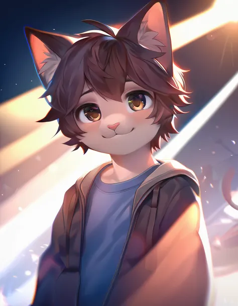 highres, top quality, best quality, paid reward available, High-quality illustrations, unparalleled masterpiece(1boy，Lovely，Toddler，Casual wear，Deep，Cat ear) Facing the audience，Looking at the audience(furry anthro)，absurdres, perfect anatomy, caustics, dy...