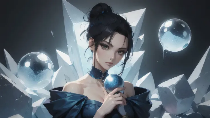 a woman in a blue dress holding a blue ice ball, black hair and single hair bun.