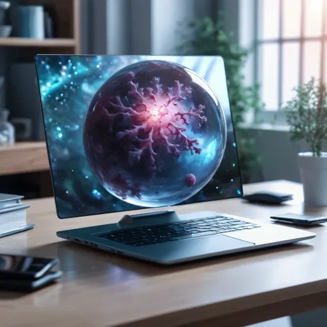 a laptop computer sitting on top of a table, trending digital fantasy art, glossy sphere, 2019 trending photo, background galaxy, beyond the mirror, dreamy painting of coronavirus, detailed –n 9, metaverse, anamorphic, # fututistic, magic colors