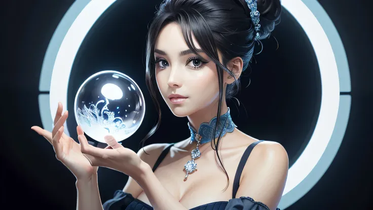 a woman in a blue dress holding a blue crystal ball ice, black hair and single hair bun.