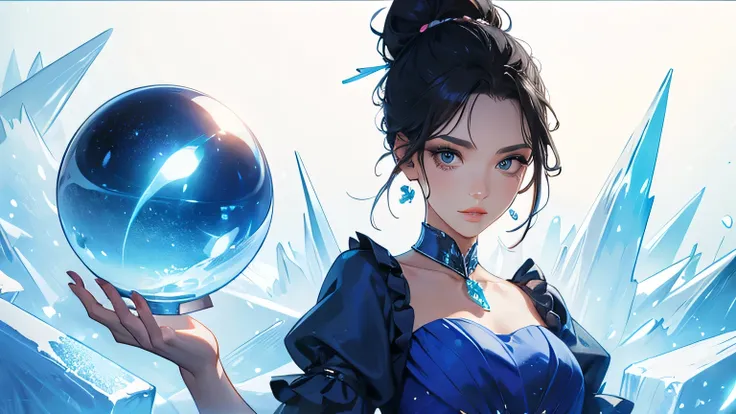 a woman in a blue dress holding a blue crystal ball ice, black hair and single hair bun.