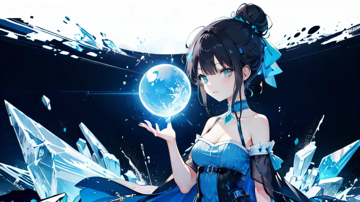 a woman in a blue dress holding a blue crystal ball ice, black hair and single hair bun.