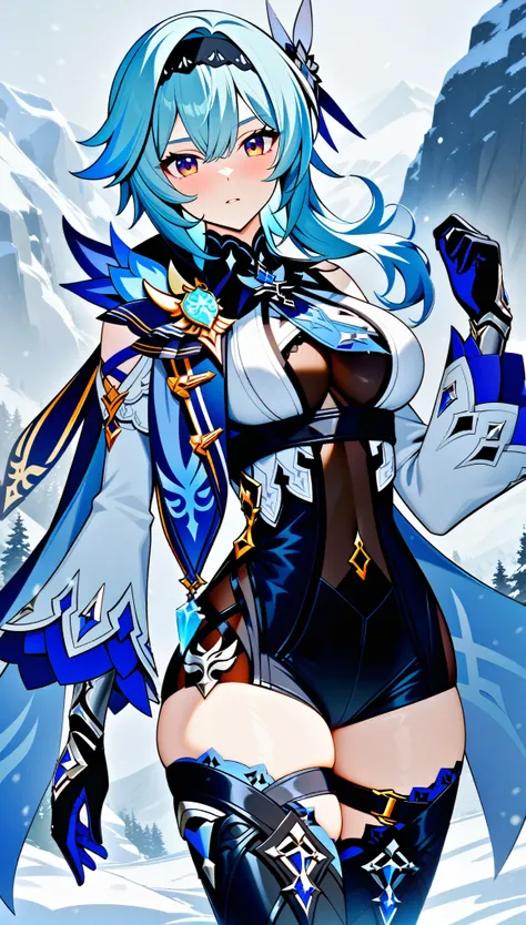 masterpiece, best quality, very aesthetic, absurdres, newest, cowboy_shot, 
eula_(genshin_impact), genshin_impact, 1girl, belt, black_gloves, black_hairband, black_leotard, black_thighhighs, blue_cape, blue_hair, breasts, brown_eyes, cape, gloves,  hair_or...