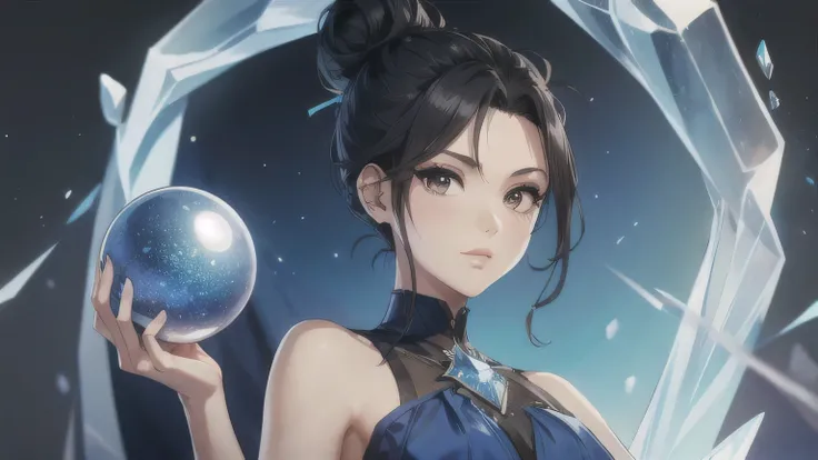 a woman in a blue dress holding a blue crystal ball ice, black hair and single hair bun.