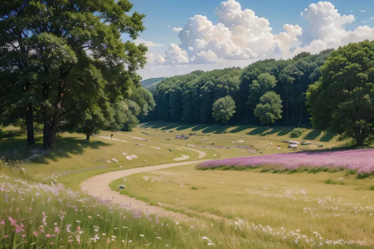 A stunningly picturesque oil painting, capturing the essence of a Studio Ghibli Hayao Miyazaki petal grassland with the backdrop of a clear blue sky and fluffy white clouds. The meticulous artwork showcases a serene and enchanting landscape, with each peta...