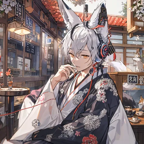 one person、handsome、listening to music with headphones in a traditional japanese cafe、((male))、((fox ears))、silver hair、fox ears...