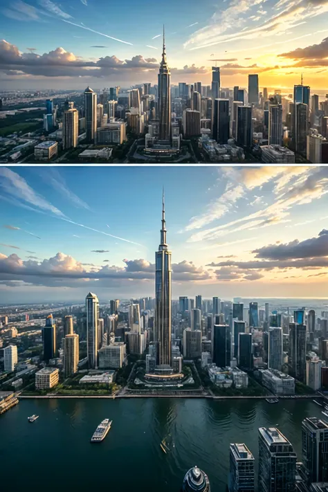 Photo of a metropolitan cityscape, combining the iconic high-rise buildings: Skytree Chengdu Greenland 468, Hangzhou Wangchao Center, Beijing Lize Soho, New York Chrysler Building, and Seattles TV Tower. This city, named NeoCosmopolis, looks extremely pros...