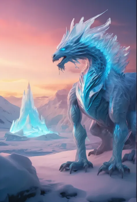 Legendary fantasy Creature, Creature made of ice, mythology, Magical Creature, character concept art, fairyland, surreal epic scene, bright and saturated colors, Ethereal atmosphere, fairy tales, (best quality, masterpiece, Ultra high detail, 8k)