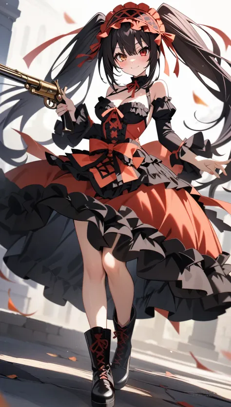 masterpiece, best quality, very aesthetic, absurdres, newest, 
tokisaki_kurumi(date_a_live), 1girl, black_footwear, black_hair, boots, breasts, cross-laced_footwear, dress, frilled_dress, frills, hairband, heterochromia, lolita_fashion, lolita_hairband, me...