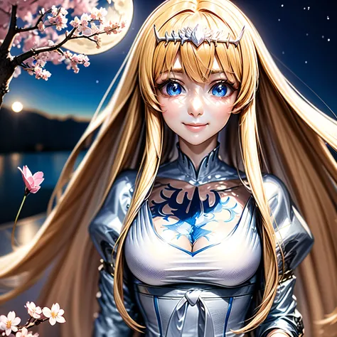 anime,1girl , , cherry blossom and moon, , little smile, , solo, Calca, Calca Bessarez, blonde hair, extremely long hair, very long hair, white tiara, white dress, blue eyes, medium chest