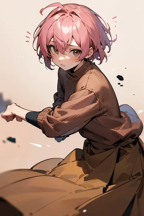 Natsuki, Doki Doki Literature Club, pink hair short hair, brown sweater, long skirt, fighting style, Heroic, looking for viewer 
((Home_background))