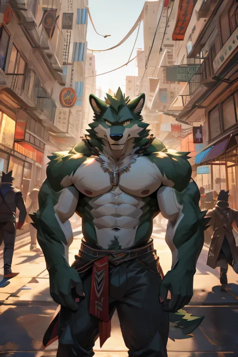 Green wolf, muscular, Shirtless, earthbending, city, people