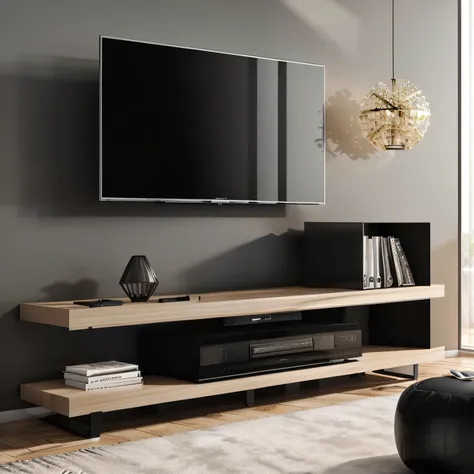 arafed entertainment center with a flat screen tv and a black ottoman, high quality rendering, modern minimal design, vray 8k render, rendered in lumion pro, high quality picture, with 3d render, with 3 d render, modern gallery furniture, rendered in coron...