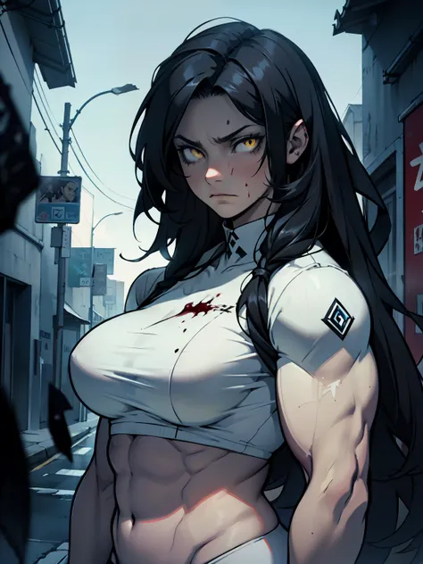 sad pale muscular girl breasts hair black hair yellow eyes extremely long hair sad dark atmosphere thick bloody