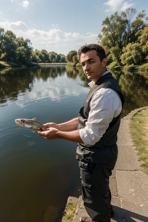 Malen mit Fischen, aus einem Teich springen, Fisherman catches fish,