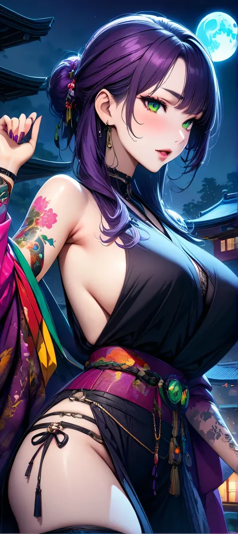 (masutepiece, of the highest quality, Best Quality, Official art, Beautiful and aesthetic:1.2),  Extremely detailed,(Colorful:1.1),highest details, one arafed woman with purple hair and green eyes, japanese tattoo sleeve on her right arm, big breast, goth ...