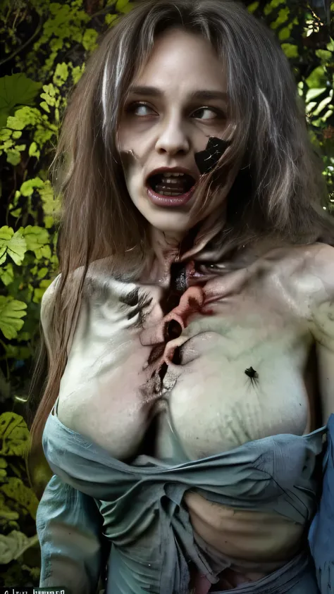 “Create an artistic rendering of a seductive zombie model celebrating the International Day for Biological Diversity. She should have dead eyes and her body should feature subtle erotic details to accentuate her eerily attractive essence. Instead of the us...