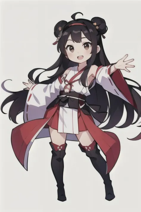 concept art, original character Design, Q version characters, 1 Girl, Solitary, long hair, Plum blossom decoration, Red Cliff, High Leg Raise, open mouth, nontraDitional miko, hairbanD, Ahog, Smile, DetacheD sleeves, Chinese clothes, thigh boots, Brown eye...