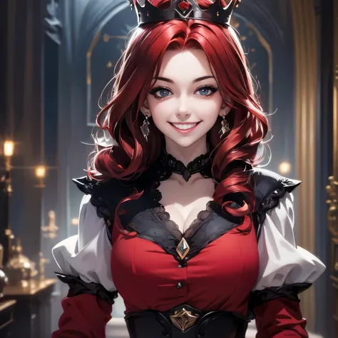 Princesa das trevas com os olhos de sangue, red hair, crown, evil smile, anime style, lens flare, high detail, first-person view, cinematic lighting, masterpiece, super detail, best quality, 8k, UHD