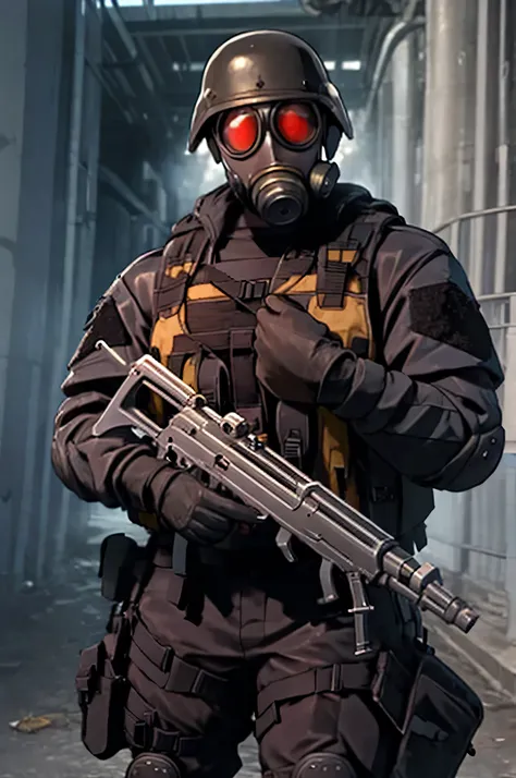 best quality, solo, mature male focus, looking straight at the camera, hunk, helmet, goggles, tactical gear, holding weapon, sub...