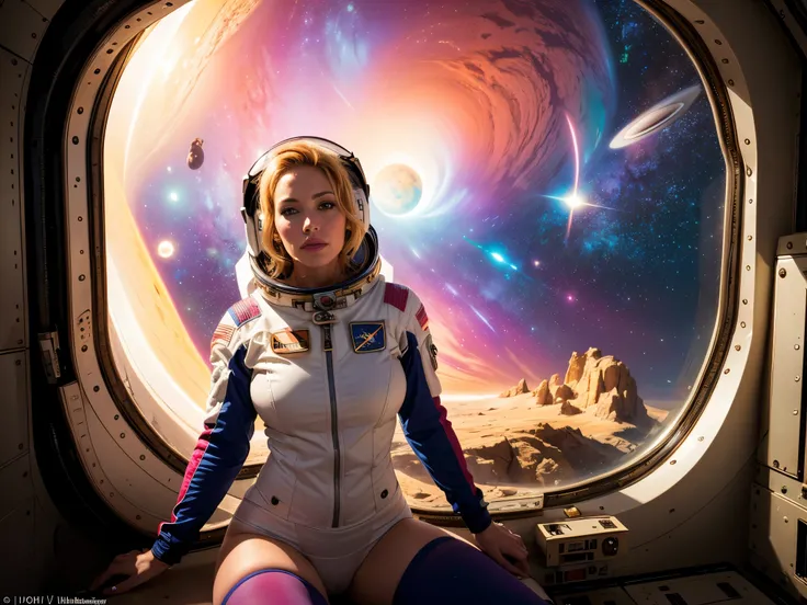 (best quality, masterpiece, highest detailed), (photorealistic:1.2), raw photo, Jenna Jameson, dressed as an astronaut of the future, posing on a space station, erotic photo shoot,  (vibrant color), (intricate details), exposure blend, dim light  , (hdr:1....