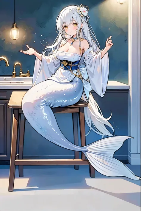 masterpiece, best quality,(Complete hand),(Complete five fingers),mermaid,1girl,solo,haitian,long hair,yellow eyes,hair ornament,white hair,dress,wide sleeves,cleavage,jewelry,Large Breasts,full-body shot,kitchen,sit on the chair