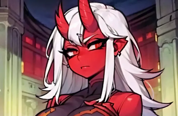 a large red oni woman, news reporter, detailed face, beautiful detailed eyes, beautiful detailed lips, extremely detailed face and features, long hair, horns, detailed costume, detailed jewelry, detailed accessories, detailed background, dynamic pose, cine...