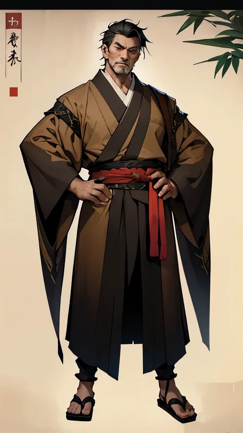 TRPG Standing Picture,Old man with black hair, Cut into a short, neat style, Beautiful Face, Piercing brown eyes and a cunning intellect, kimono,His skin is a little pale;.