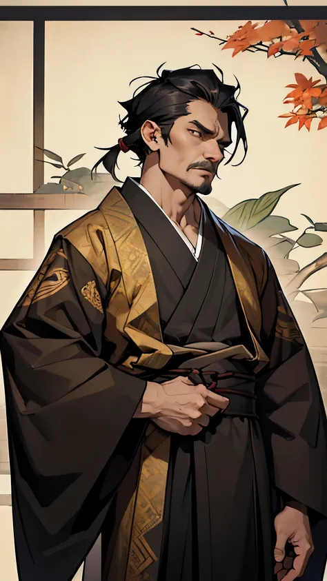 TRPG Standing Picture,Old man with black hair, Cut into a short, neat style, Beautiful Face, Piercing brown eyes and a cunning intellect, kimono,His skin is a little pale;.