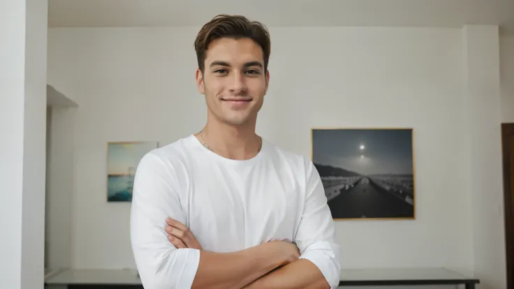 smiling man , in a bright room, obturador, olhando para o telefone dele, parece inteligente, fotografia, foto, smart appearance, imagem de estoque, arte em alta, homem bonito, homem atraente, Cool appearance, full body, crossed arms, parecendo inteligente,...