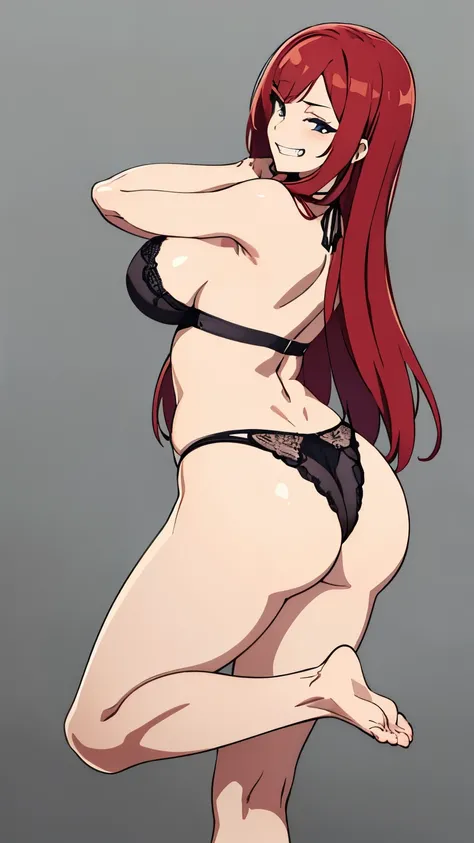 masterpiece, best quality, blue eyes, long hair, red hair color, 1 girl, grin, massive breasts, big breasts, sexy lingerie, remove background, sexy pose, back view, standing on one leg, 
