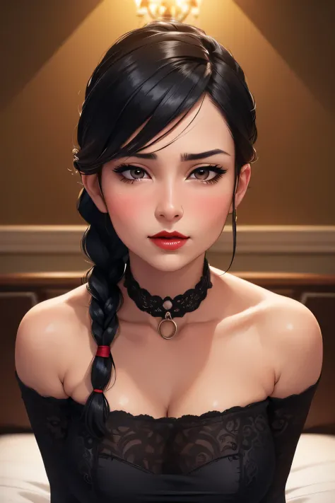 (best quality,ultra-detailed,realistic:1.37),portrait,sexy MILF neighbor,black hair tied in braid, seductive gaze,red lips parted in a blush,intense emotion,long neck, bare shoulders,medium chest with cleavage,sexually aroused expression on a bed in a bedr...