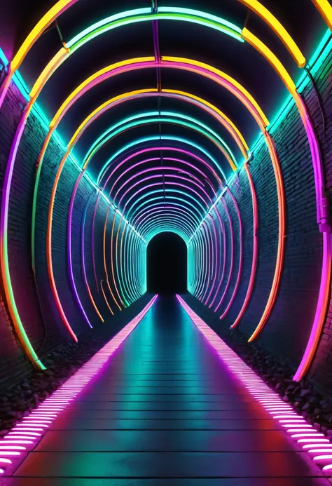 Generate an illusion resembling a tunnel with colorful neon lights, suitable for use as wallpaper