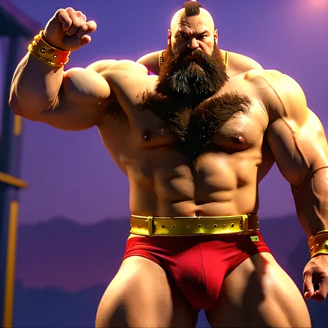 zangief,a man with a beard and a golden belt, fighting game character, street fighter 5,muscled humanoid,heavy looking,buff man,wrestler,Red short briefs,capcom,street fighter,shirtless,muscular male,chest hair,visually weighty,bearded man,mohawk hair,best...