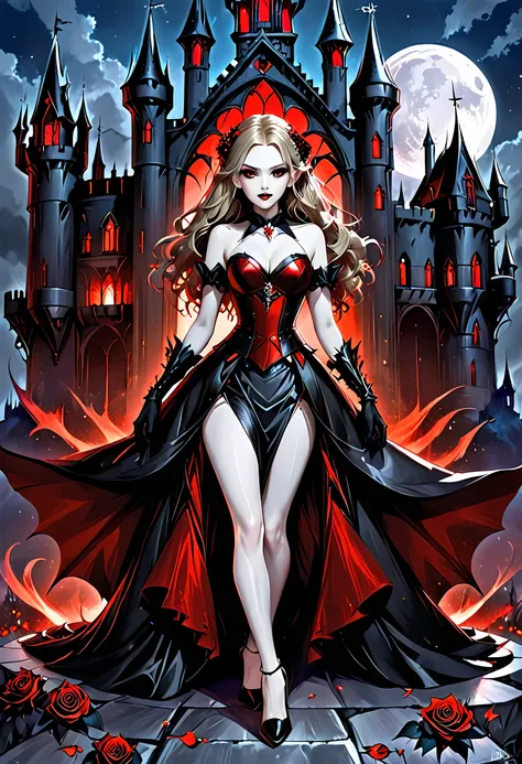 Dark fantasy art, fantasy art, goth art,  a picture of a female vampire, exquisite beauty, full body shot, dark glamour shot,  pale white skin, dark blond hair, long hair, wavy hair, (grey: 1.3) eyes,  she  wears a (red: 1.5) dress, ArmoredDress, the dress...