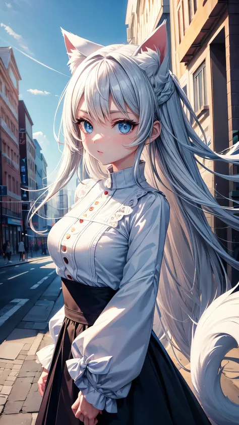 flat vector art, anime girl, beautiful anime style girl, wallpaper, close perspective large scene, large anime eyes, detailed face, flat color, girl play with a white cat, modern city street, wide angle, clean detailed faces, intricate clothing, analogous ...