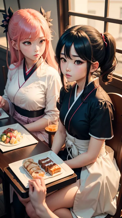 A : boy　The model is Japanese anime character Rengoku Anjuro　girl　The model is Japanese anime　Kanroji Mitsuri　The two of us are sitting at a table eating anmitsu.　Japanese style mansion　noon　anime