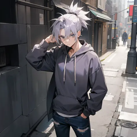 1 male , Messy, spiky, grey-lavender hair , tied in a low ponytail , Grey hoodie with black sleeves , Baggy jeans , Standing on street