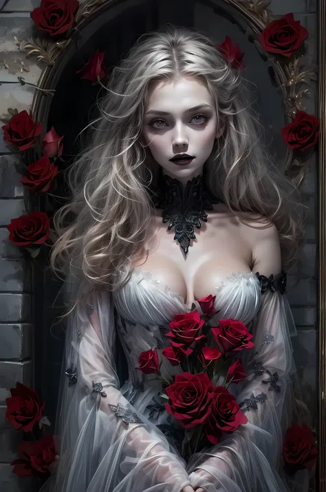 Dark fantasy art, fantasy art, goth art, a picture of a female vampire, exquisite beauty, full body shot, dark glamour shot, pale white skin, dark blond hair, long hair, wavy hair, (grey: 1.3) eyes, she wears a (red: 1.5) dress, ArmoredDress, the dress is ...