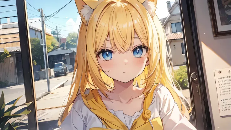 Cute yellow-haired, blue-eyed anime cat girl is worried at home.