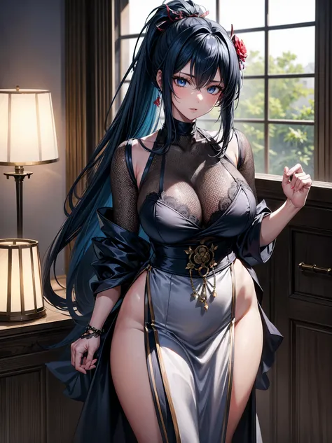 (masterpiece), best quality, highly detailed faces, (SHARP details), 4k, highly detailed, expressive eyes, SHARP detail expressive eyes, (SHARP detail perfect face), long hair, 27 year old woman, standing, modest courtesan dress, blue hair, indoors, clothe...