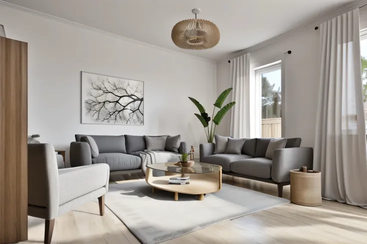 interior, a living room with a sofa, Cadeira, mesa and janelas with cortinas on them and a chandelier hanging from the ceiling, vray rendering, a digital rendering, fotorrealismo interior, flor, dentro de casa, tree, sem humanos, janela, Cadeira, mesa, pla...