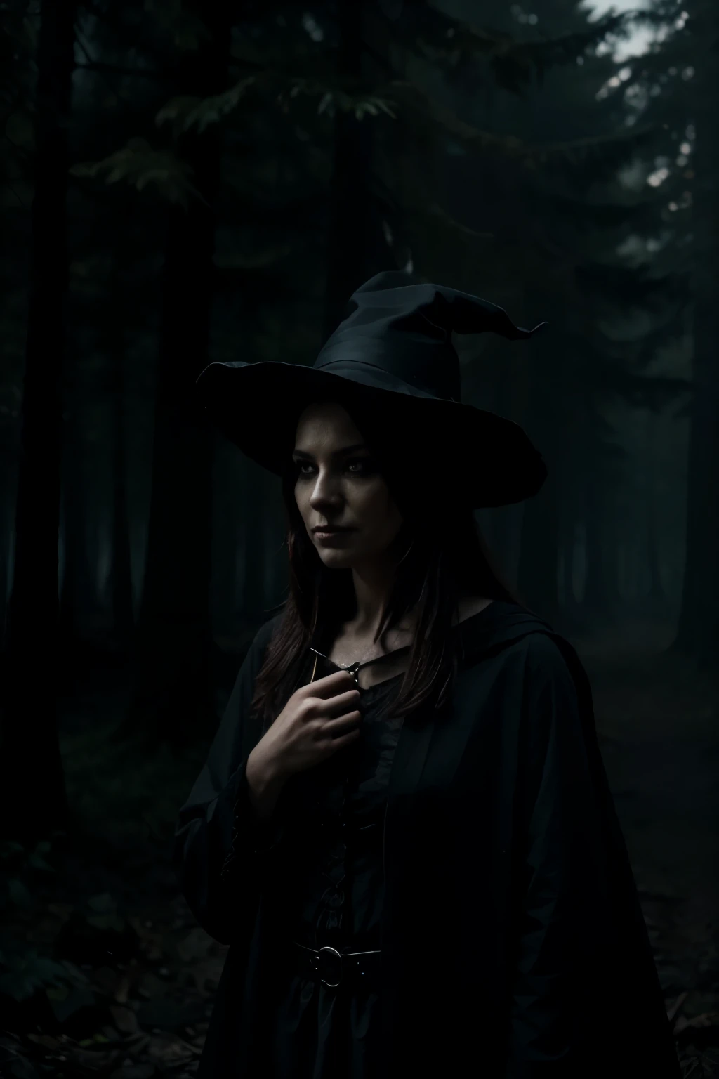 a scary witch in a haunted forest shrouded in smoke, dark scenery