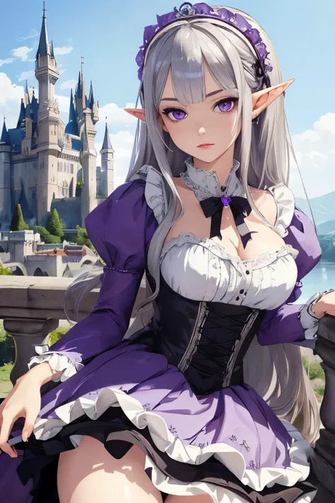 ((best quality)), ((masterpiece)), (detailed), perfect face, girl, arrogant, silver hair, long hair, purple eyes, lolita dress, elf ears, castle on background, princess