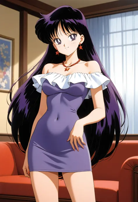 aamars, very long hair, black hair, parted bangs, purple eyes, 1990s (style), 1 girl, solo, Best quality, masterpiece, High Definition, strapless, short sleeve white ruffle off the shoulder top, a purple skin tight pencil skirt, standing up, arms at sides,...
